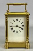 GILDED BRASS CASED CARRIAGE CLOCK, early 20th century, rectangular white enamel dial with black