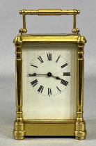 GILDED BRASS CASED CARRIAGE CLOCK, early 20th century, rectangular white enamel dial with black