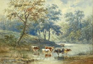 UNKNOWN BRITISH SCHOOL, LATE 19TH CENTURY watercolour - cattle watering with figure and boat beyond,