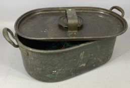 A SUBSTANTIAL VICTORIAN COPPER TWO-HANDLED LIDDED PAN by Benham & Froud, the cover vented, 20cms (