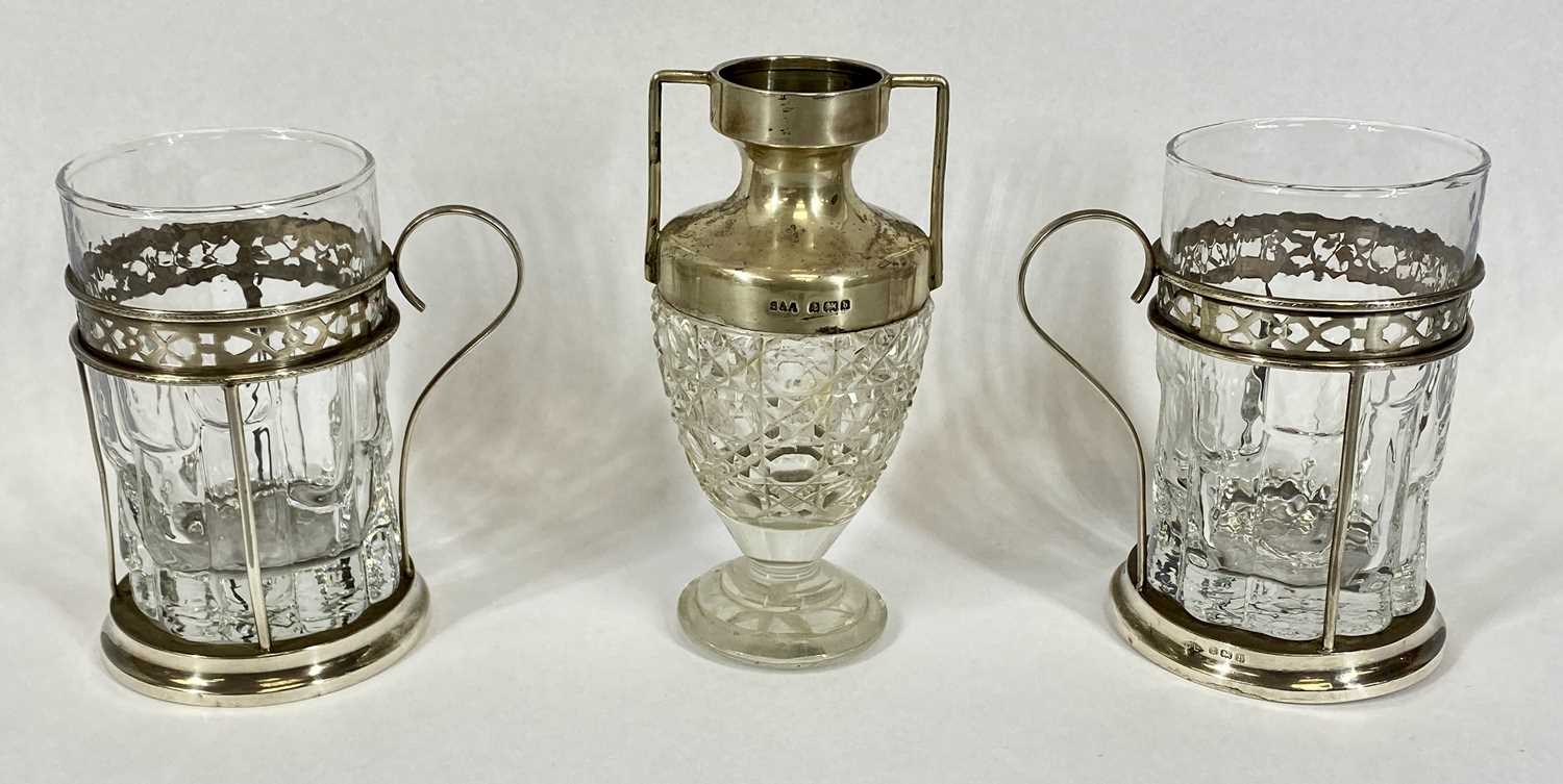 MIXED GROUP OF SILVER MOUNTED GLASS ITEMS, including a two handled urn, 12.5cms (h), scent atomiser, - Image 2 of 4