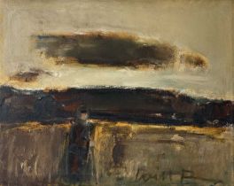 ‡ WILL ROBERTS oil on canvas - sun hidden by clouds and figure walking, signed with initials,