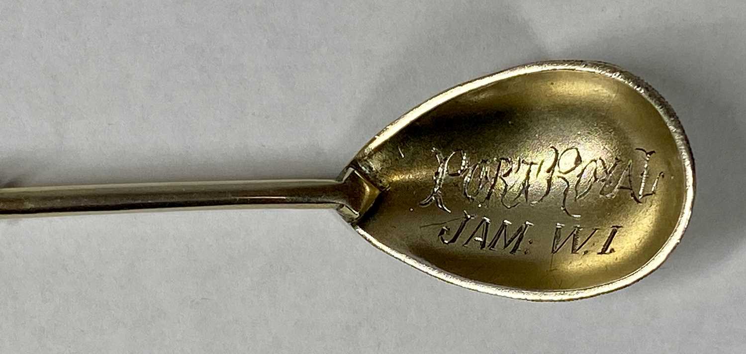 RUSSIAN IMPERIAL SILVER GILT & ENAMEL TEASPOON, the bowl inscribed 'Port Royal Jam WI', 13.5cms ( - Image 5 of 5