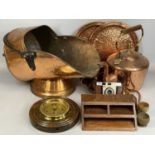 LARGE COPPER HELMET COAL SCUTTLE, with iron handle, copper kettle, barometer, vintage Kodak camera
