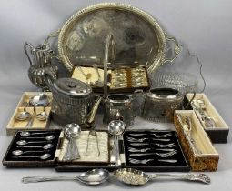 MIXED GROUP OF PLATED ITEMS including oval cake basket with bead rim, engraved centre and swing