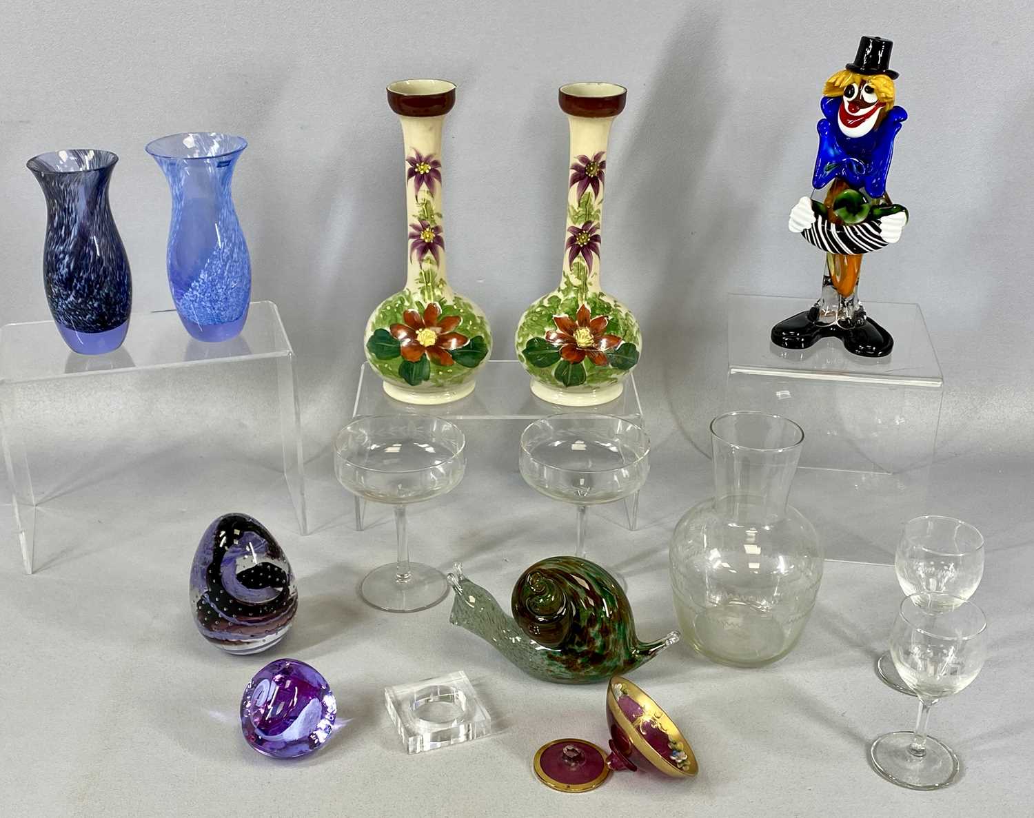 MIXED GROUP OF GLASSWARE, including a Murano multicoloured clown, 23cms (h), opaque vases a pair,