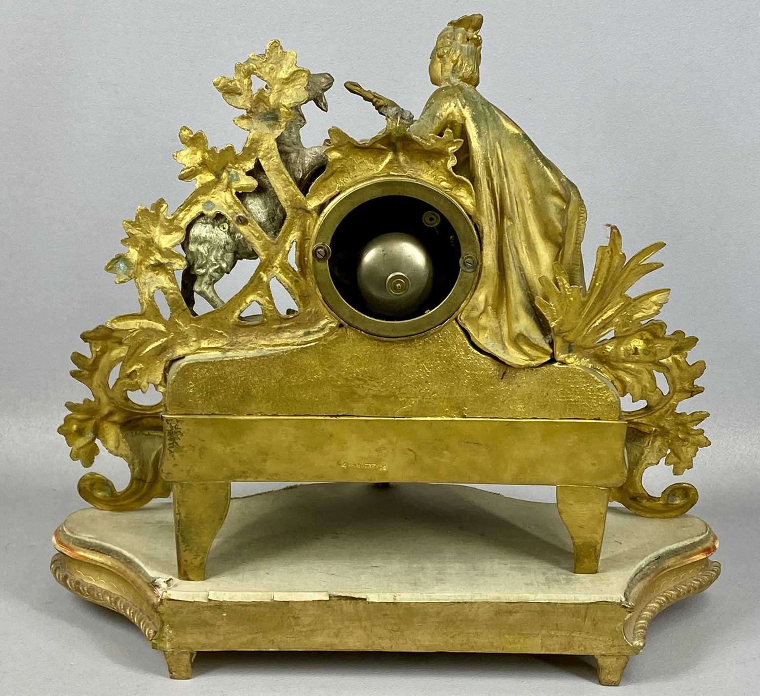 GILDED SPELTER MANTEL CLOCK, late 19th century, barrel dial surmounted with a figure of a female - Image 2 of 2