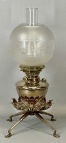 SILVER PLATED OIL LAMP by W. A. S. Benson, twin burners, circular reservoir, leaf design under