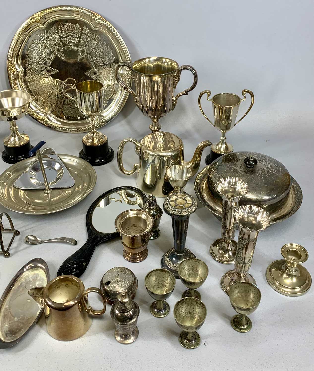 SILVER PLATED & OTHER METALWARE, including trophies, circular muffin dish and cover, trumpet form - Image 2 of 3