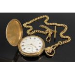 WELMAC GOLD PLATED FULL HUNTER POCKET WATCH, top wind, white enamel dial with black Roman numerals
