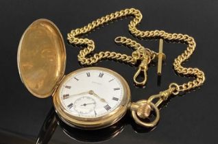 WELMAC GOLD PLATED FULL HUNTER POCKET WATCH, top wind, white enamel dial with black Roman numerals