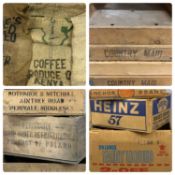 COLLECTION OF VINTAGE HESSIAN SACKS & BOXES, some lettered Provenance: private collection Gwynedd