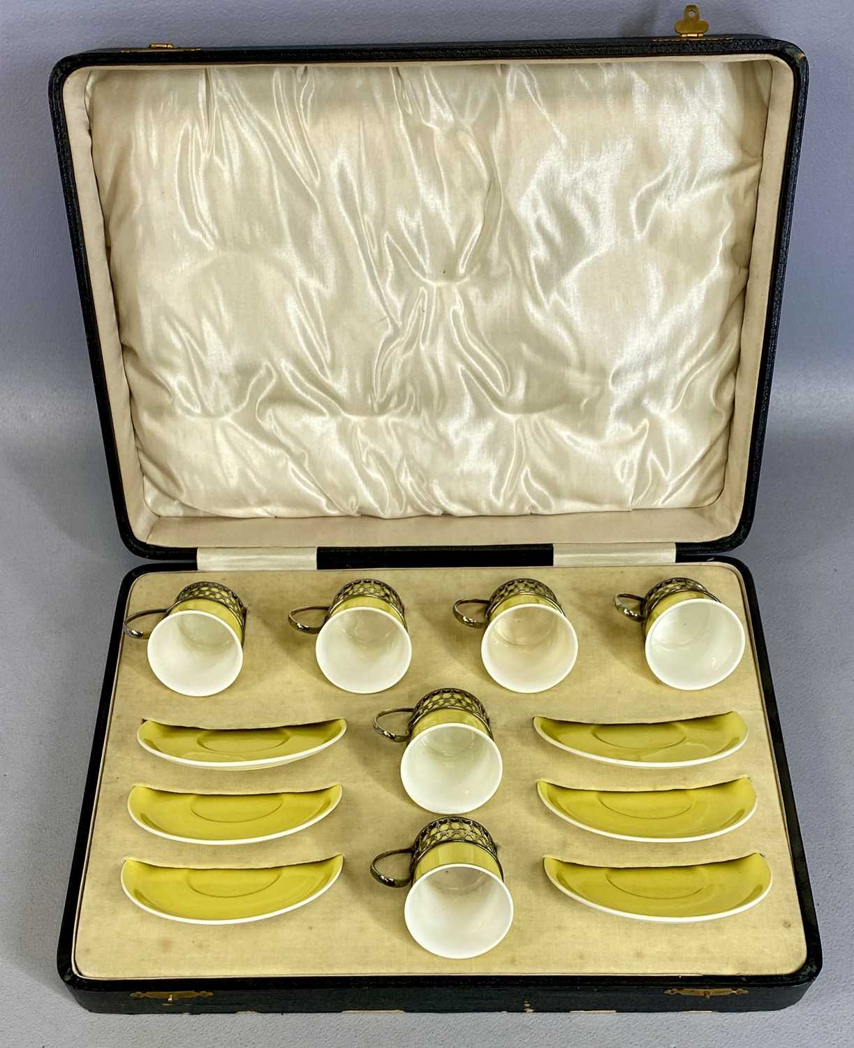 CASED SHELLEY SILVER MOUNTED YELLOW GLAZED COFFEE SERVICE, of six cups and six saucers, the - Image 3 of 3