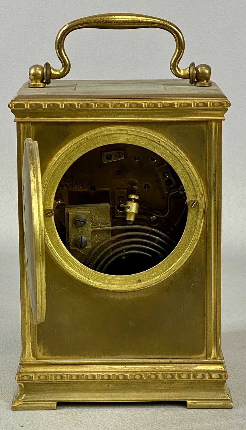 FRENCH GILT BRASS CASED CARRIAGE CLOCK, late 19th century, circular silvered dial with black Roman - Image 4 of 4