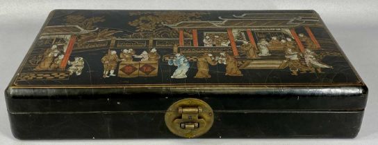 CHINESE LACQUERED SCROLL BOX, 20th century, the hinged cover gilded and decorated with figures, with