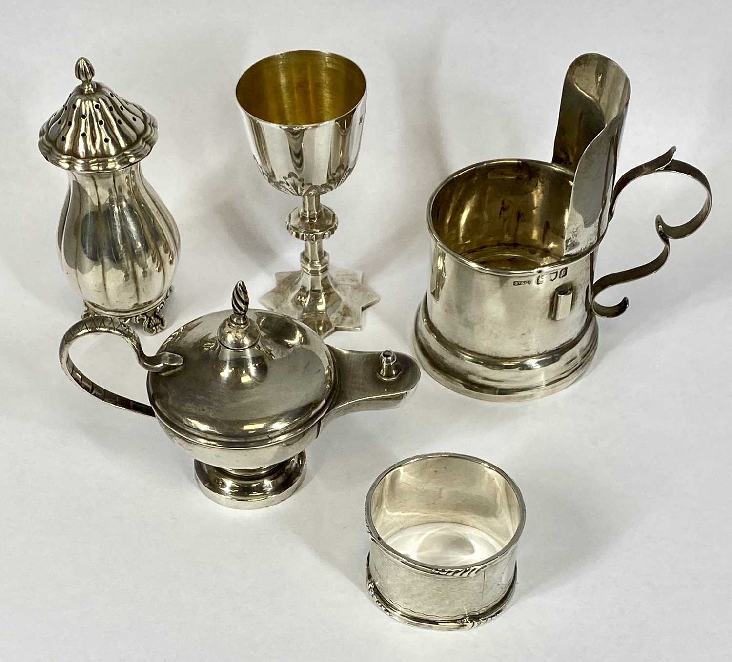 FIVE SMALL SILVER ITEMS comprising Victorian "Aladdin's Lamp" with flame finial, London 1896, - Image 2 of 12