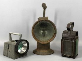 GROUP OF THREE VINTAGE RAILWAYS LAMPS, Imperial Light Ltd steel cased lamp with wooden carrying