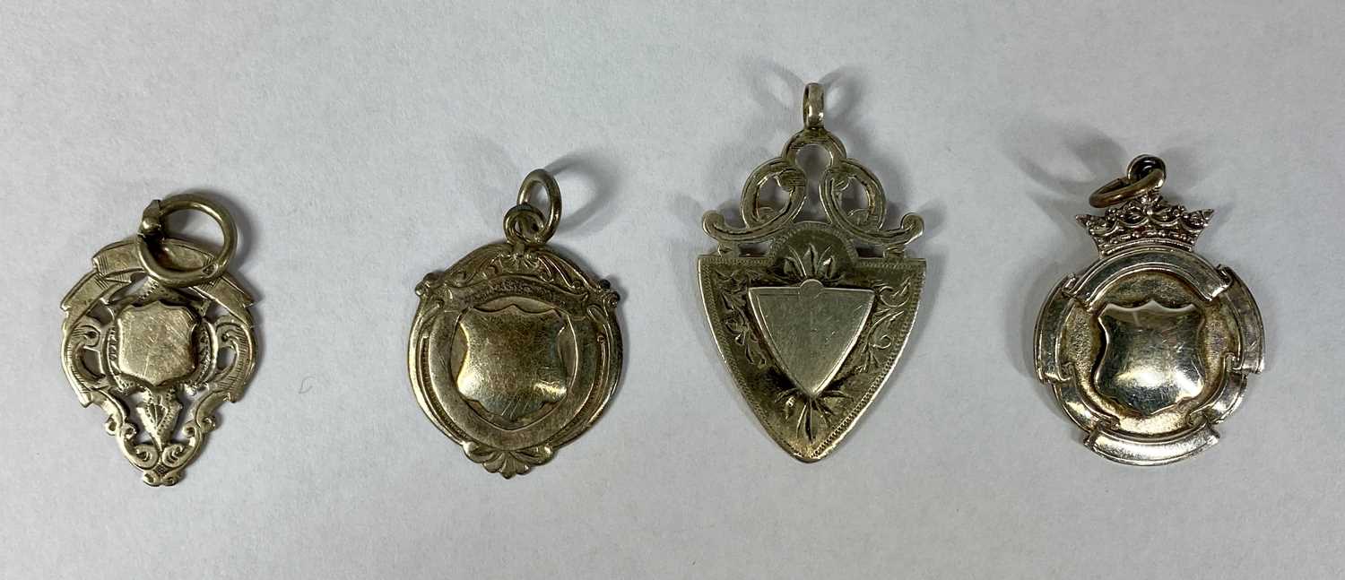 SILVER WHITE METAL GROUP including four fobs and an ornate fob watch chain with floral painted - Image 2 of 4