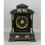 BLACK SLATE & MARBLE MANTEL CLOCK, late 19th century, of architectural design, circular dial with