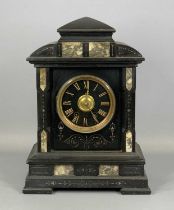 BLACK SLATE & MARBLE MANTEL CLOCK, late 19th century, of architectural design, circular dial with