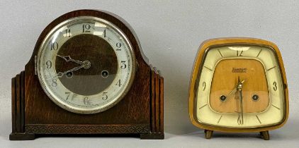 TWO MANTEL CLOCKS, mid-century Kieninger example in highly polished wood case set on brass feet, 8-