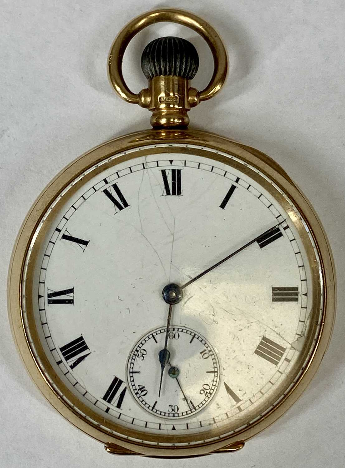 9CT GOLD CASED POCKET WATCH, top wind, white enamel dial with black Roman numerals and subsidiary - Image 2 of 6