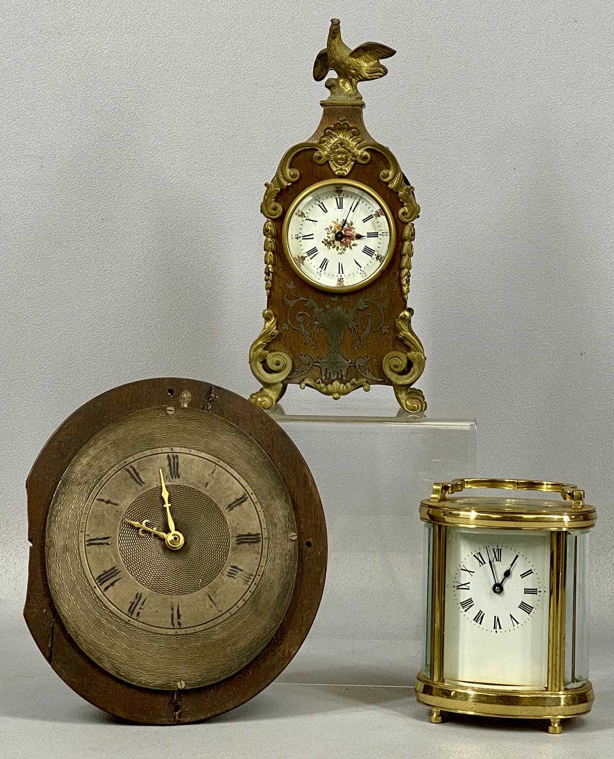 GROUP OF THREE CLOCKS, French mantel clock Rococo style with gilt metal mounts and surmounted with a