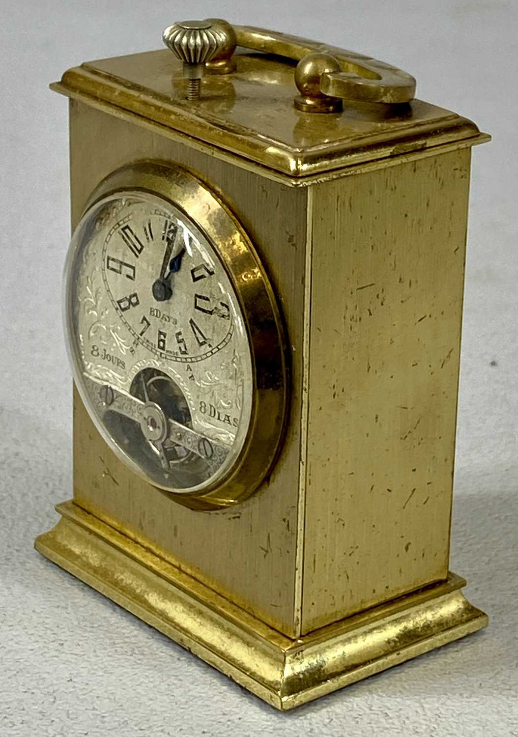 MINIATURE FRENCH GILDED BRASS CARRIAGE CLOCK, early 20th century, three quarter silvered dial with - Image 3 of 4