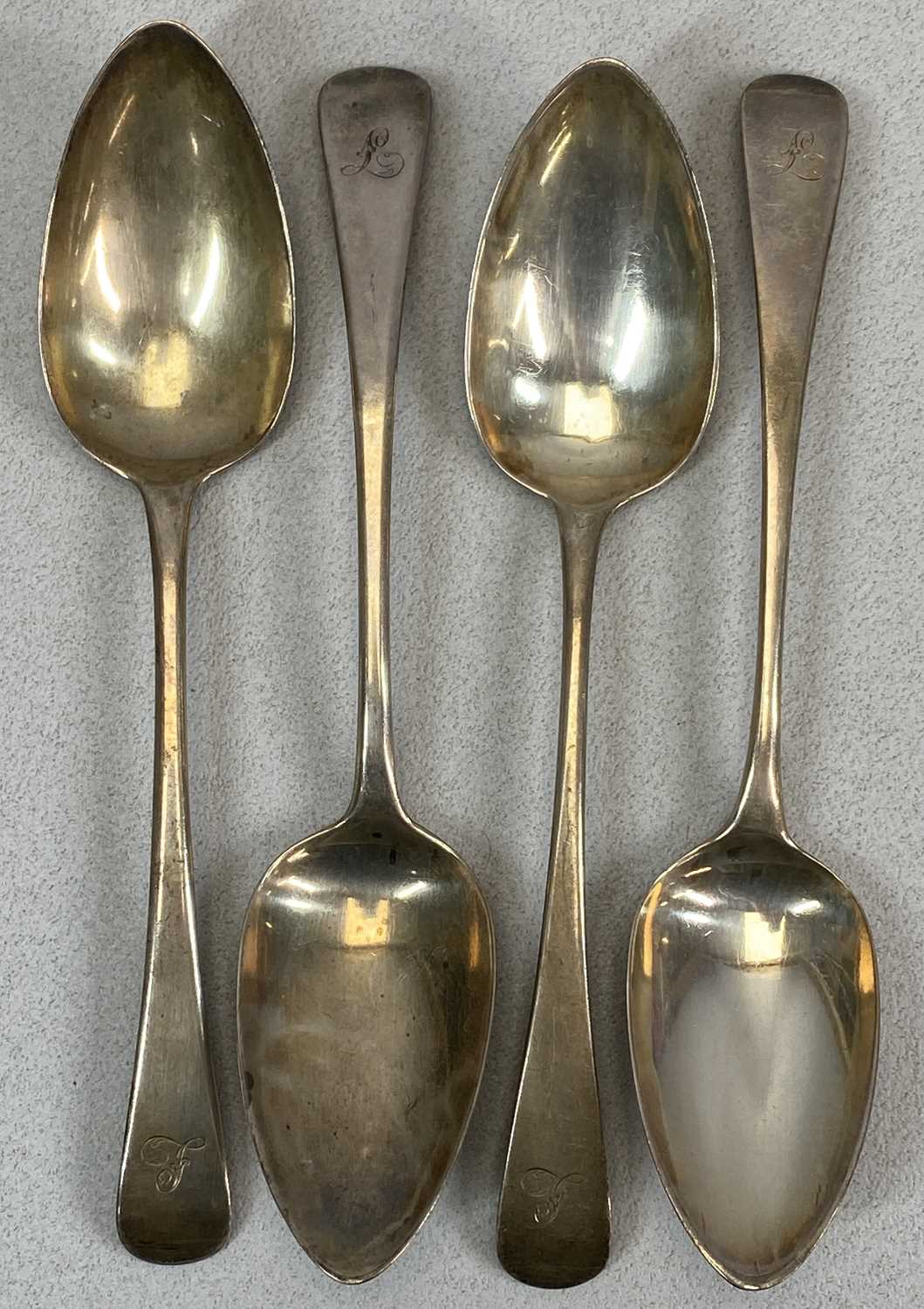 SET OF FOUR GEORGE III SILVER SERVING SPOONS, London 1809-1810, maker Samuel Godbehere, Edward Wigan