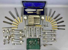 VARIOUS SILVER/PLATED CUTLERY, some cased, including six silver handled dessert knives, a silver