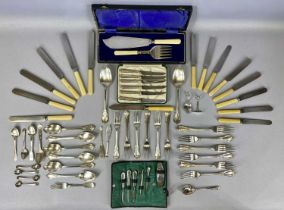 VARIOUS SILVER/PLATED CUTLERY, some cased, including six silver handled dessert knives, a silver