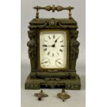 ORNATE CAST METAL CASED CARRIAGE CLOCK, late 19th century, white enamel dial with black Roman