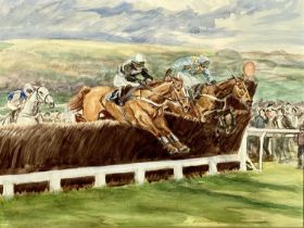 LUCILLA JONES (British 20th century) watercolour - horse racing, title verso 'Norton's Coin,