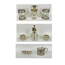 MIXED GROUP OF SILVER MOUNTED GLASS ITEMS, including a two handled urn, 12.5cms (h), scent atomiser,