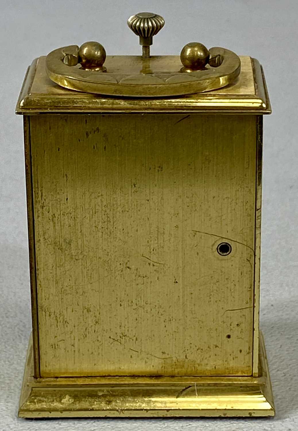 MINIATURE FRENCH GILDED BRASS CARRIAGE CLOCK, early 20th century, three quarter silvered dial with - Image 4 of 4