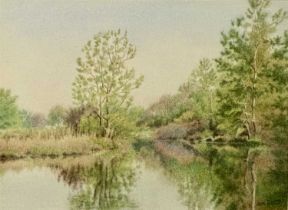 ‡ JANE HUNTER CSPWC watercolour - Lake Chipican in early spring, signed lower right, 25 x 34cms