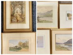 SEVEN PAINTINGS/PRINTS - J W CLAYTON watercolour - Crafnant Lake with figure on a track with sheep