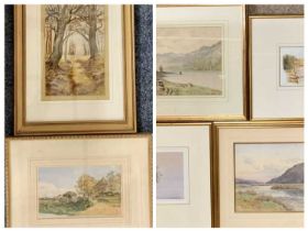SEVEN PAINTINGS/PRINTS - J W CLAYTON watercolour - Crafnant Lake with figure on a track with sheep