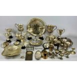 SILVER PLATED & OTHER METALWARE, including trophies, circular muffin dish and cover, trumpet form