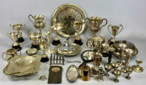SILVER PLATED & OTHER METALWARE, including trophies, circular muffin dish and cover, trumpet form