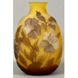 CHRISTIRO ROMANIAN CAMEO GLASS VASE, amber and brown and decorated with flowers and leaves,