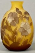 CHRISTIRO ROMANIAN CAMEO GLASS VASE, amber and brown and decorated with flowers and leaves,
