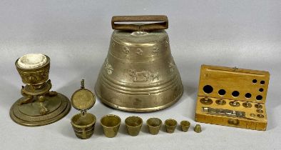GROUP OF MIXED COLLECTABLES, Obertino French made cast brass cow bell, 22cms (diam.), set of brass