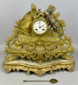 GILDED SPELTER MANTEL CLOCK, late 19th century, barrel dial surmounted with a figure of a female
