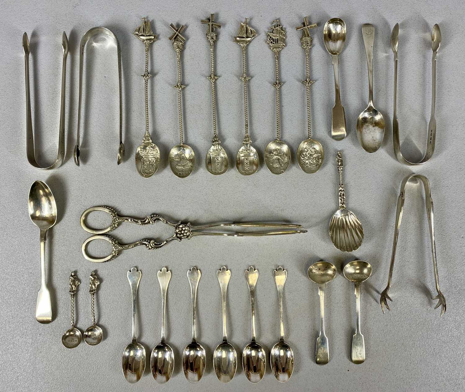 SILVER/WHITE METAL GROUP, including sugar tongs, cake servers, teaspoons, mustard spoons etc. George