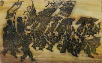 VIETNAMESE SCHOOL etching - traditional dancing figures with presentation plaque to the glass -