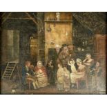 WELSH PRIMITIVE SCHOOL (19th century) oil on panel - interior scenes with figures, two playing