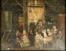 WELSH PRIMITIVE SCHOOL (19th century) oil on panel - interior scenes with figures, two playing