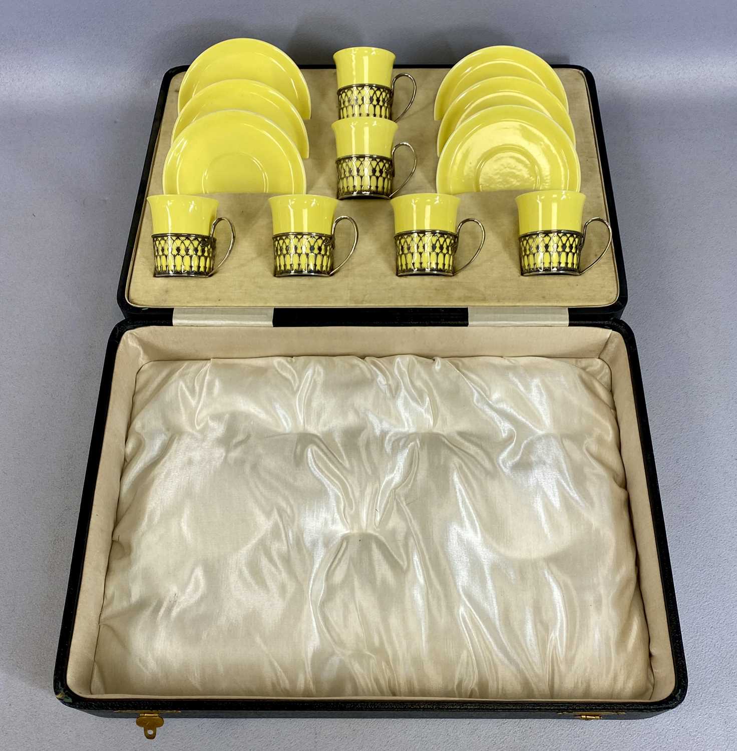 CASED SHELLEY SILVER MOUNTED YELLOW GLAZED COFFEE SERVICE, of six cups and six saucers, the - Image 2 of 3