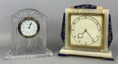 ART DECO ALABASTER & MARBLE MANTEL CLOCK with gilded bezel, Arabic numerals and fingers, eight day